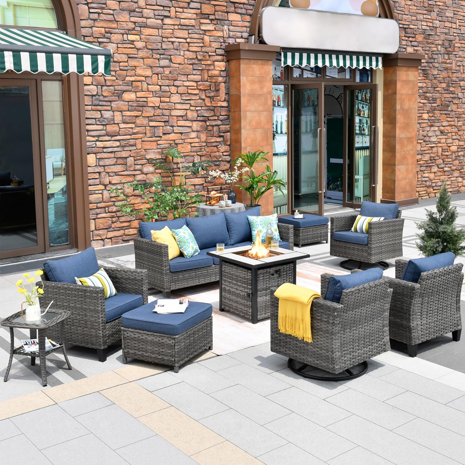 HOOOWOOO Patio Outdoor Conversation Set with Fire Pit Table,9 Piece Modern Outside Furniture with Swivel Rocking Chairs,PE Wicker Out Door Furniture Sofa and Ottoman Set(Denim Blue)