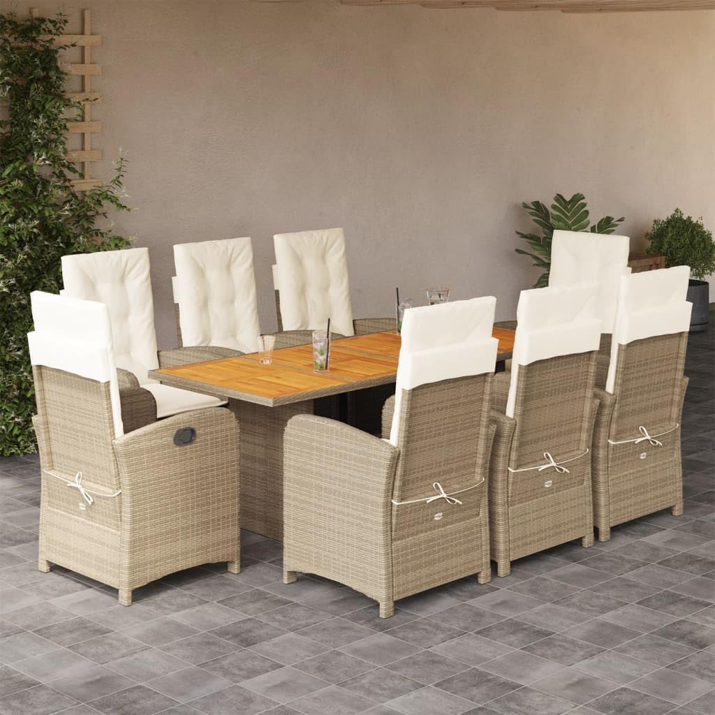 9 Piece Patio Dining Set with Cushions Beige Poly Rattan,Premium 8Piece Garden Dining Set with Foldable Rattan Chairs and Acacia Wood Table Furniture Sets for Patio, Lawn & Garden