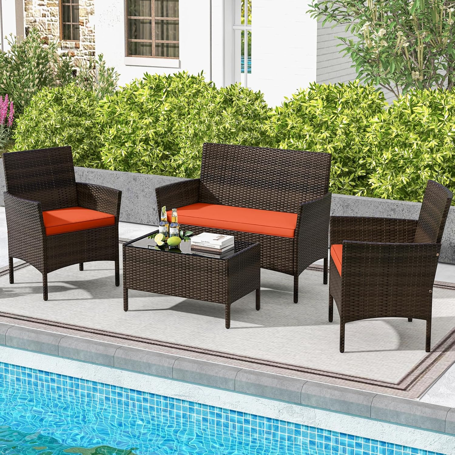 DORTALA 4-Piece Rattan Patio Furniture Set, Outdoor Table & Chair Set with Tempered Glass Coffee Table, Cushion, Wicker Conversation Set for Garden, Lawn, Poolside and Backyard, Orange