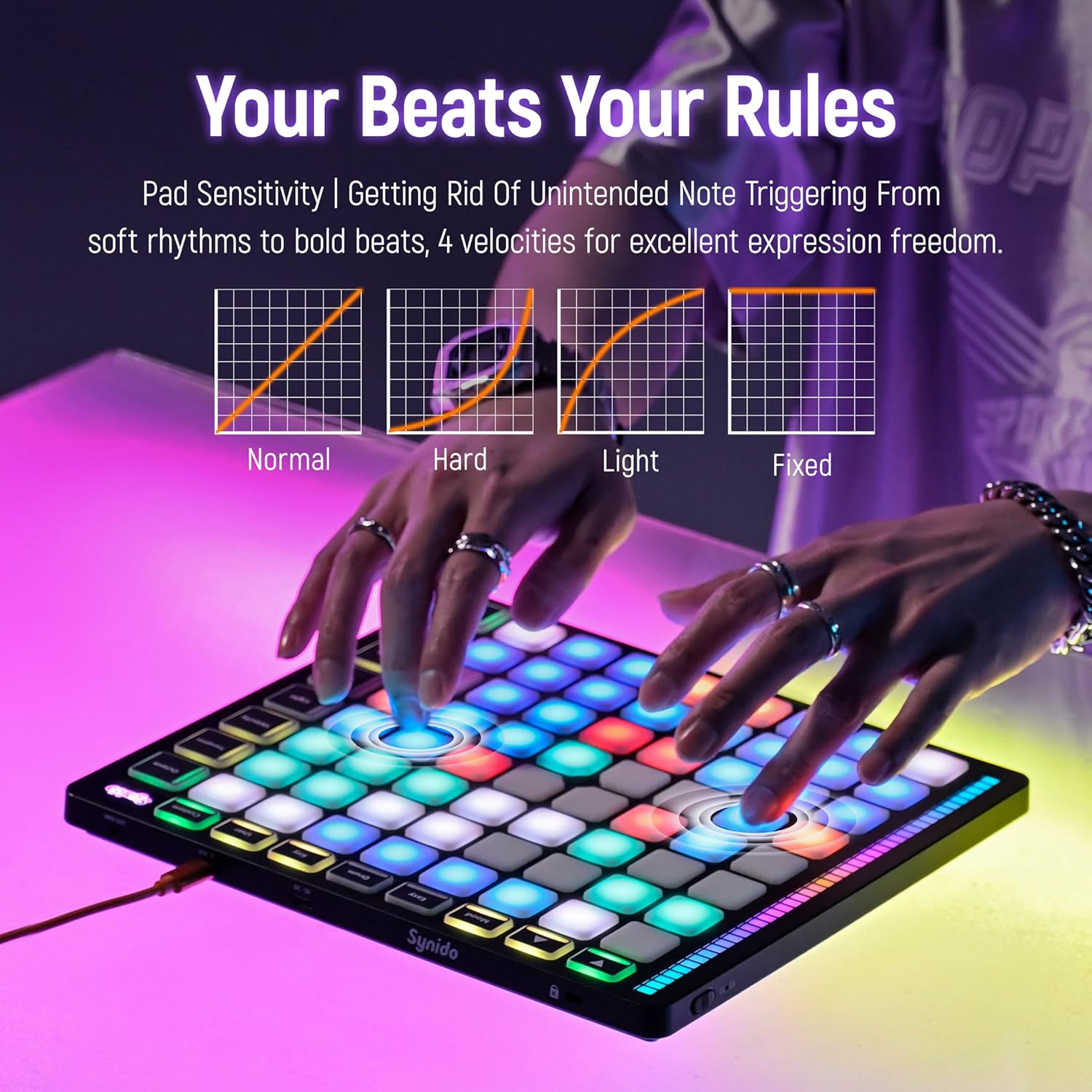 Synido Wireless Audio Interface Live Sound Card and MIDI Pad Beat Maker Machine with 64 Velocity Sensitive RGB Pads