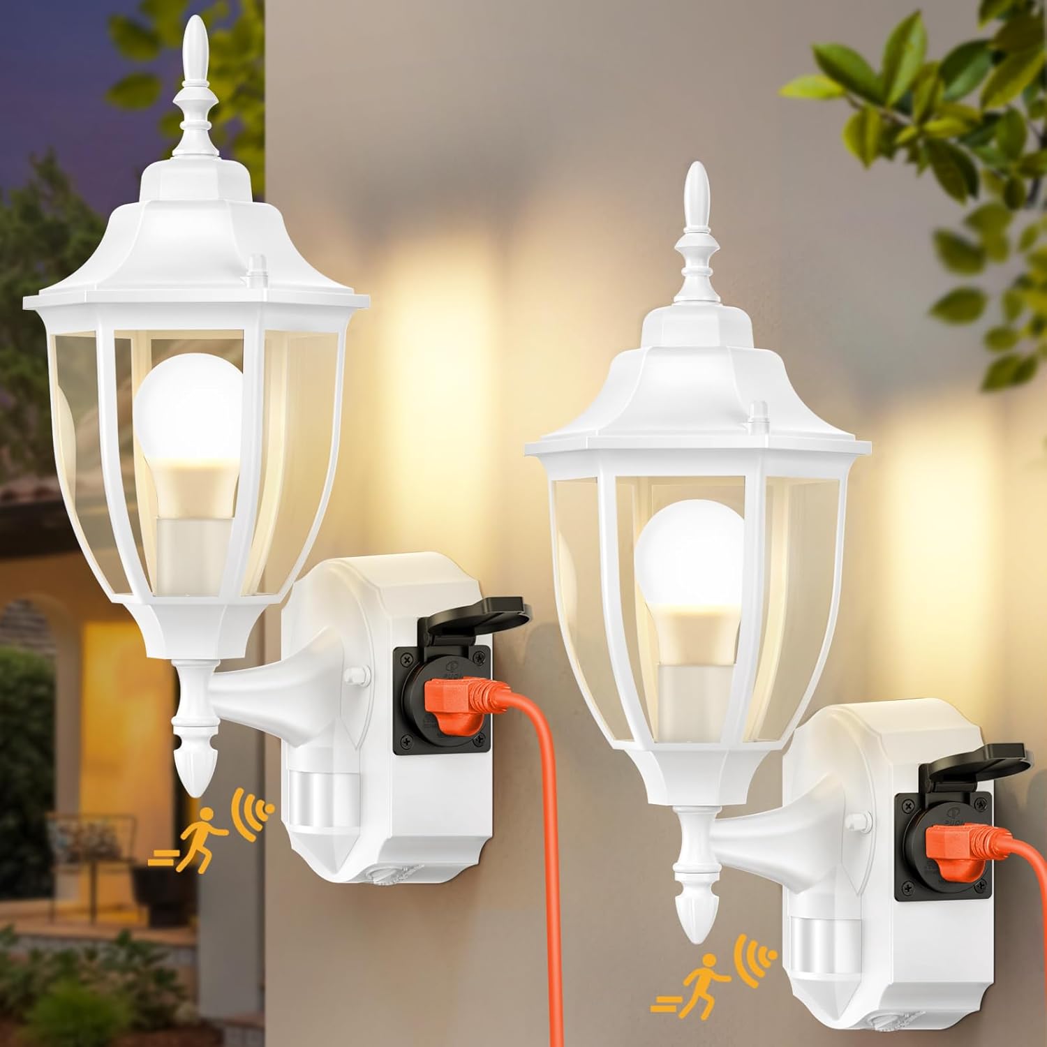2 Pack Porch Lights with Outlet, Motion Sensor Outdoor Lights, Updated Dusk to Dawn Exterior Lighting Fixtures, Waterproof Anti-Rust Aluminum Outside Light for House Entryway Garage, White