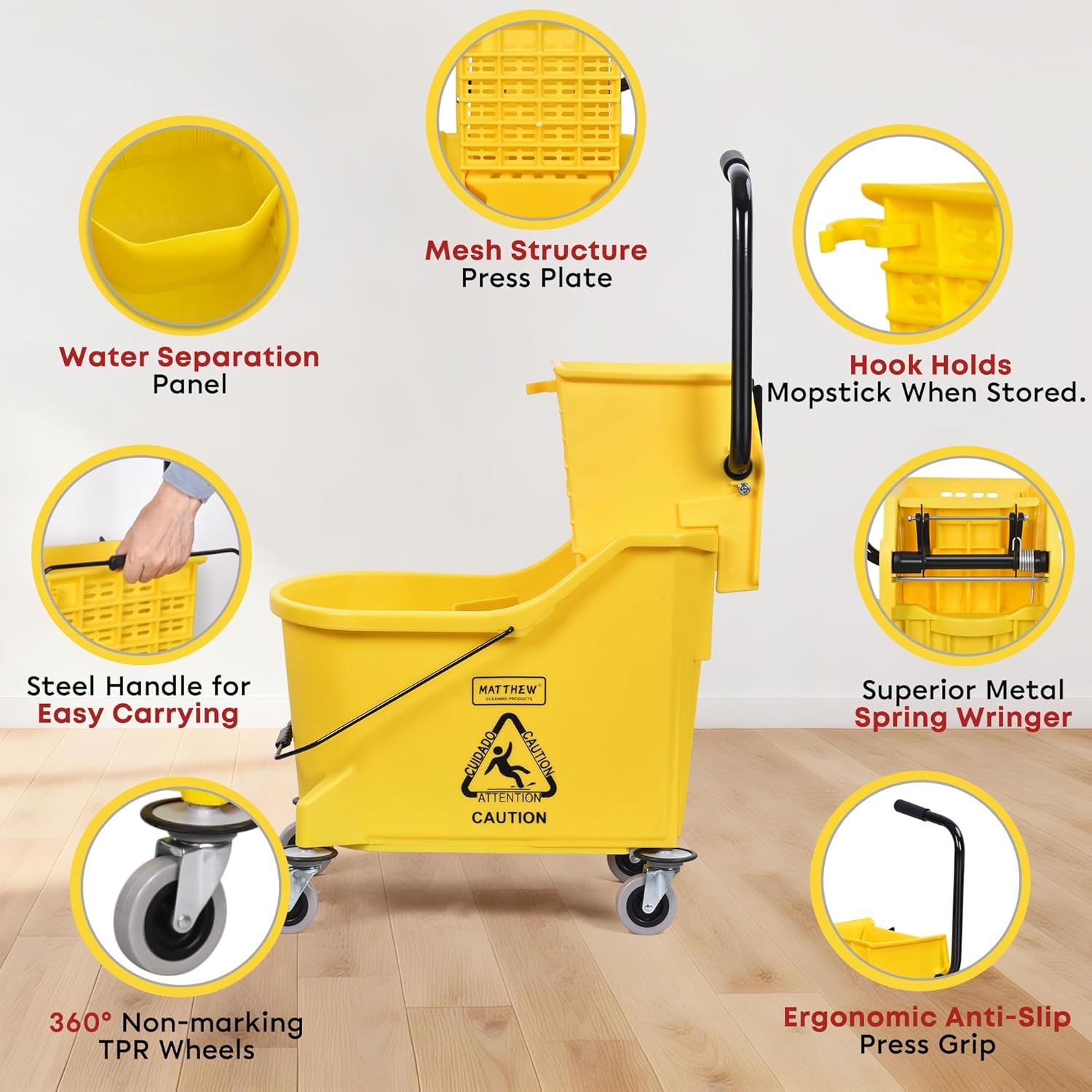 Matthew Cleaning 44Quart Commercial Mop Bucket INCL.Wet String Mop& 19'' Industrial Wet Floor Sign with Side Press Wringer On Wheels,Tandem Portable Floor Cleaning Wavebrake,Ideal for Household