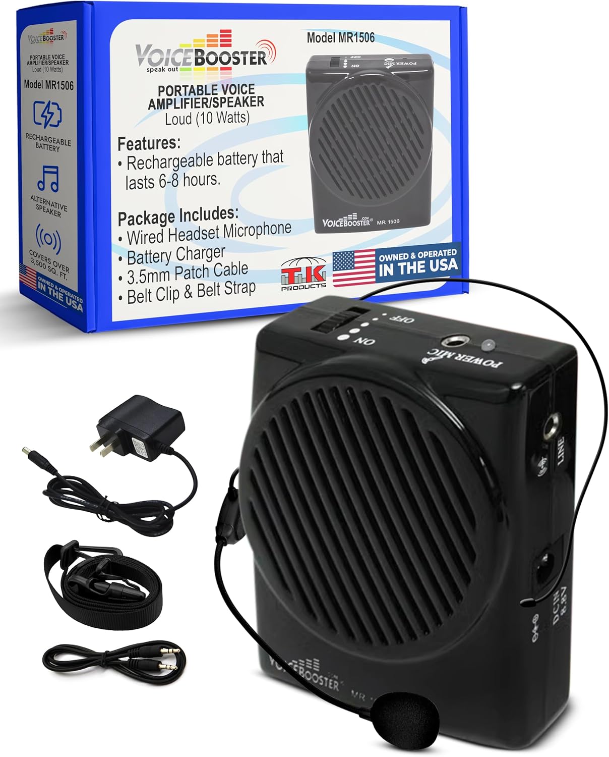 Voicebooster Speak Out Personal Voice Amplifier 10watt Wearable Portable Speaker with Microphone Headset for Classroom Teachers, Tour Guide, Public Speaking, Presentations – MR1506 (Black)