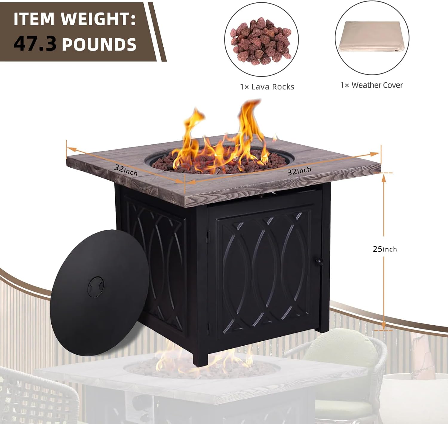 32 Inch Faux Woodgrain Table top and Steel Base Propane Outdoor Fire Pit Table with Lid