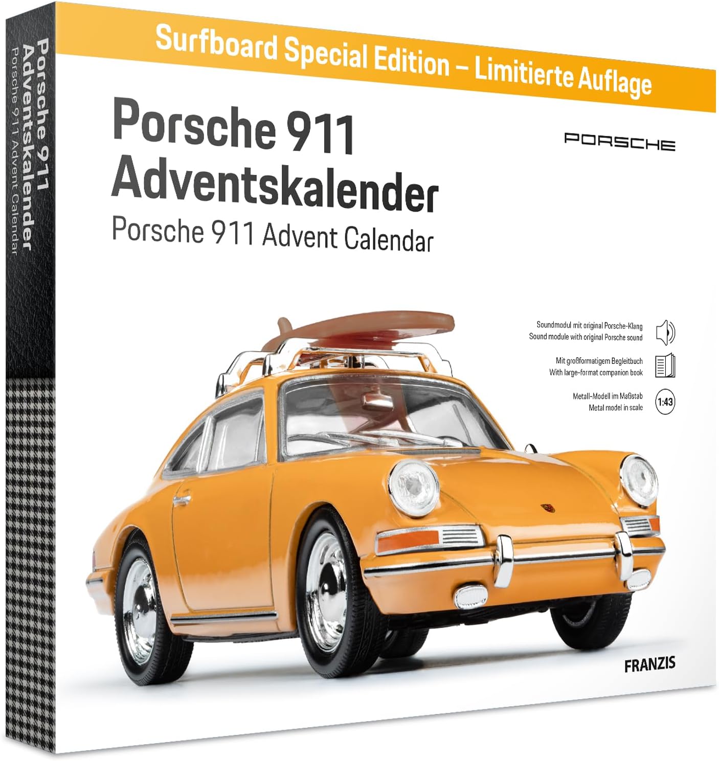 FRANZIS 67299 Porsche 911 Special Edition Surfboard Advent Calendar Model Kit 1:43 Scale Including Sound Module and 52 Page Accompaniment Book