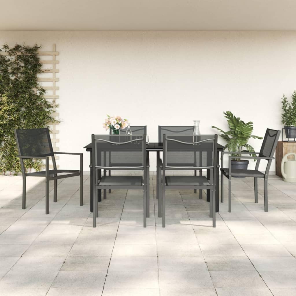 Furniture Sets 7 Piece Patio Dining Set Black Steel and Textilene,Elegant 7Piece Outdoor Dining Set with Tempered Glass Tabletop and Textilene Chairs for Garden Patio Garden Conversation Sets