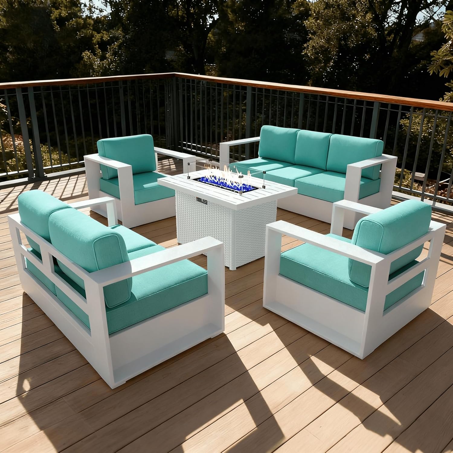 LayinSun Oversized Aluminum Outdoor Furniture Set, 5 Piece Patio Sofa Sets with Fire Pit Table, Deep Seating and Upgraded 6-inch Cushions for Porch, Balcony, Deck