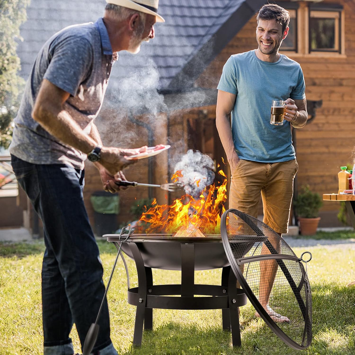 Generic 22InFire Pit Bowl Wood Burning with Protective Grille & Poker Multifunctional for Heating/BBQ Garden Patio Fire Pot,Portable BBQ Grill for Camping Beach Bonfire Picnic Garden, black