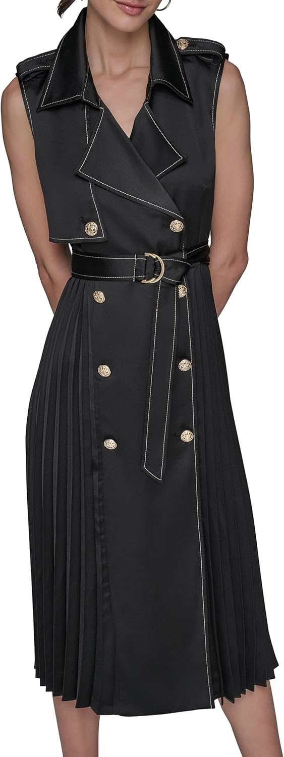 Karl Lagerfeld Womens Belted Sleeveless Satin Back Crepe Midi Dress