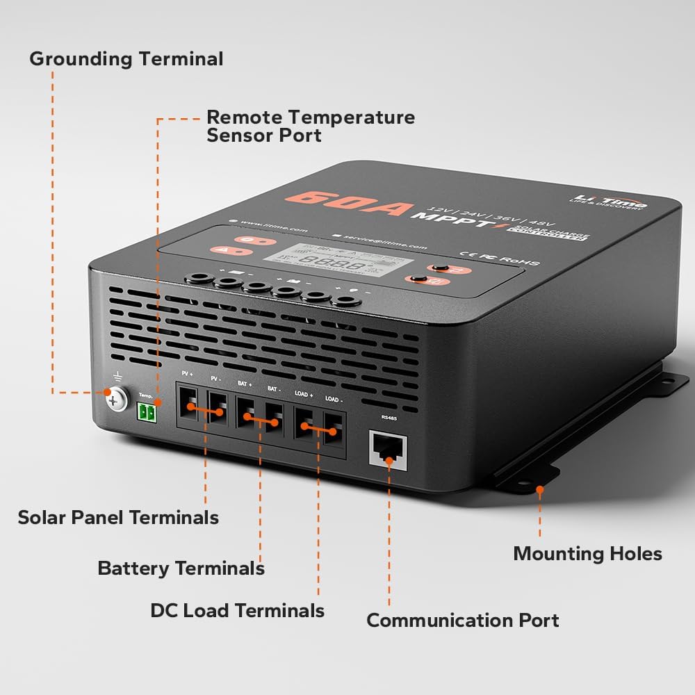 LiTime 60A MPPT Solar Charge Controller (No Build-in Bluetooth), 12V/24V/36V/48V Auto, Max PV Input 200VDC LCD Display Solar Panel Regulator for LiFePO4/Lead-acid Battery