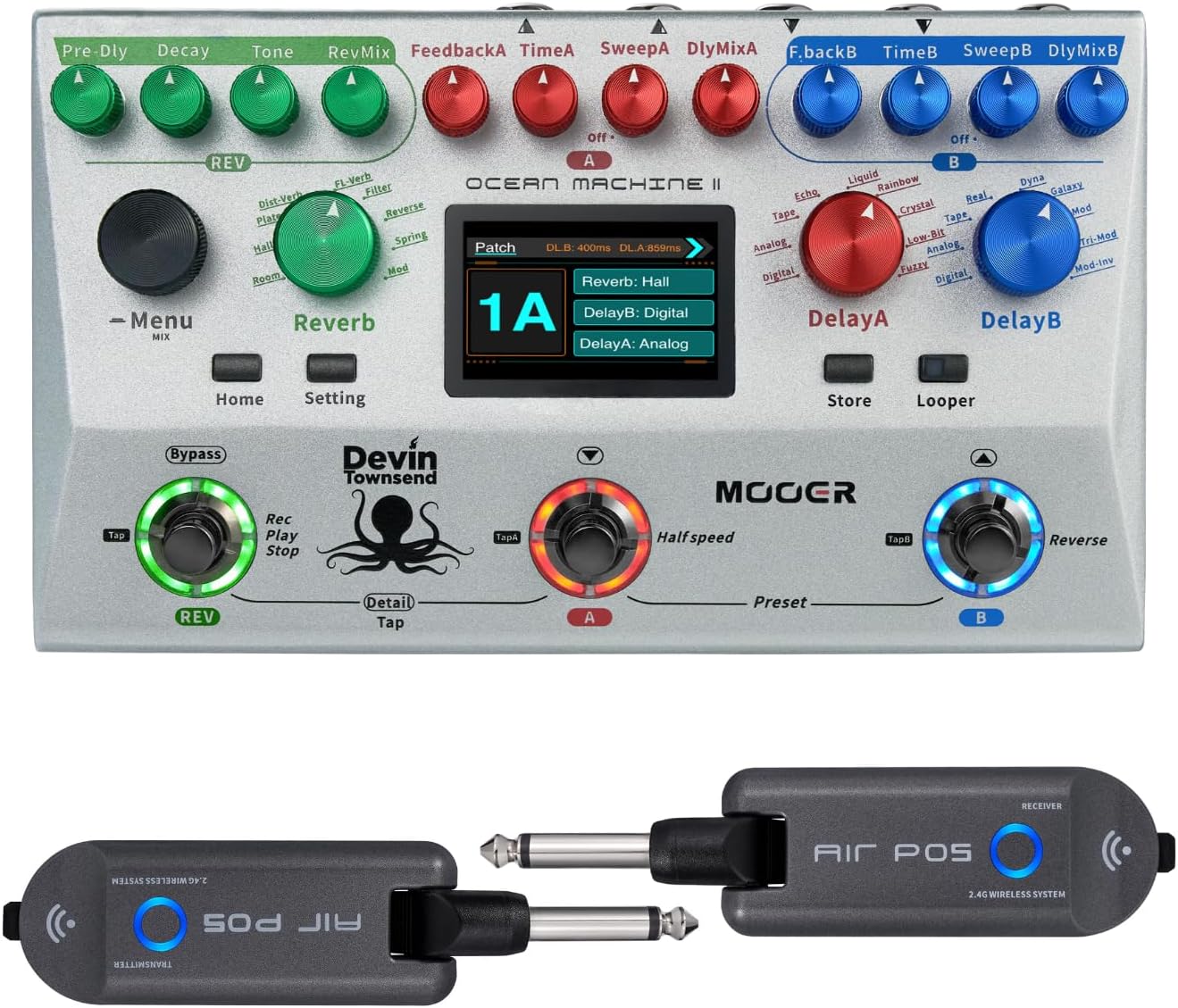 MOOER Ocean Machine II Stereo Reverb Delay Looper 120min Looper with Air P05 Guitar Wireless System