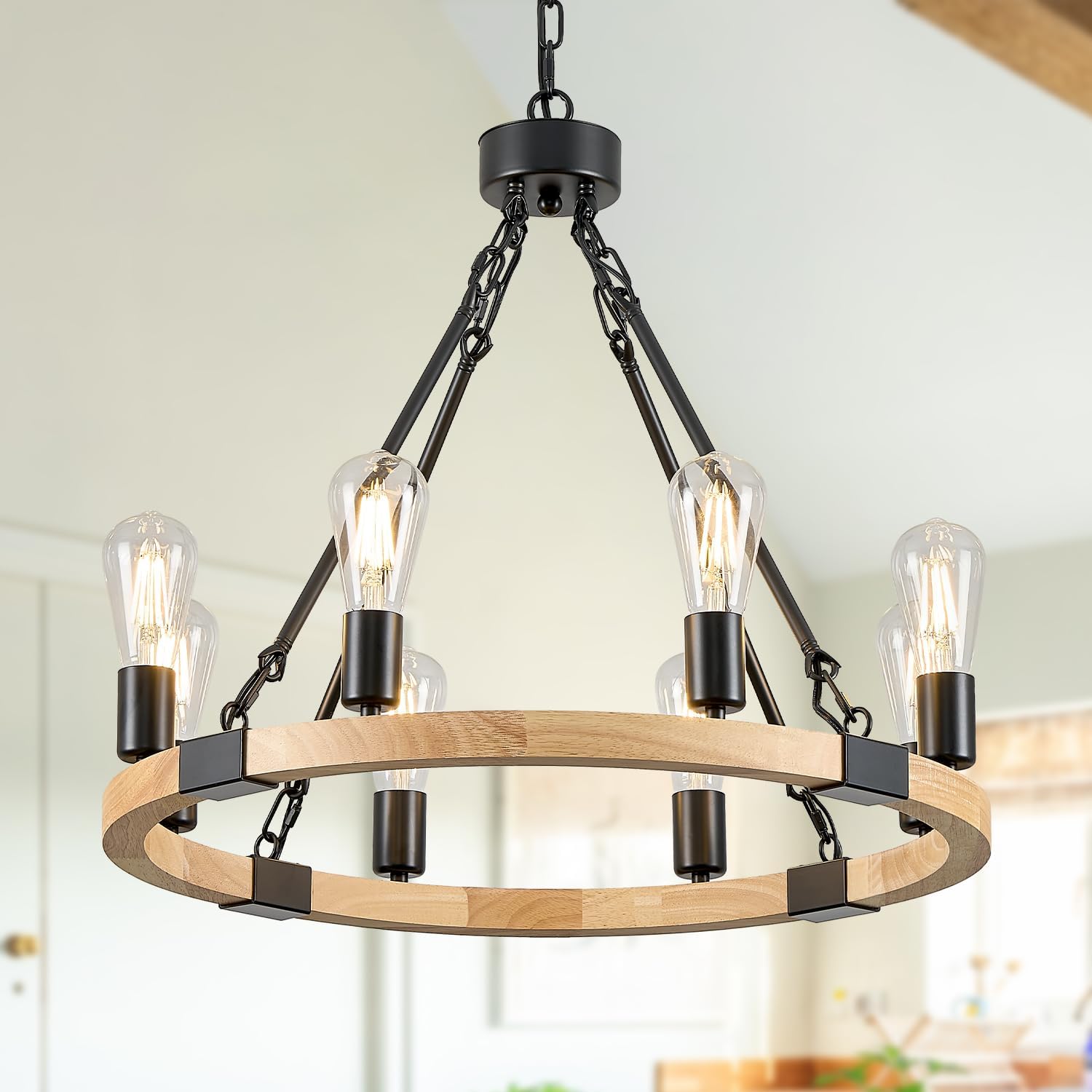 8 Lights Wooden Wagon Wheel Chandelier Natural Farmhouse 23.6'' Black Metal Light Fixtures Rustic Wood Round Chandelier for Living Dining Room Kitchen Entryway Foyer