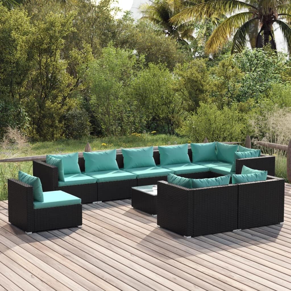 Furniture Sets 10 Piece Patio Lounge Set with Cushions Poly Rattan Black,WaterResistant Poly Rattan Patio Lounge Set with Modular Sofa and Cushions for Outdoor Leisure Garden Conversation Sets