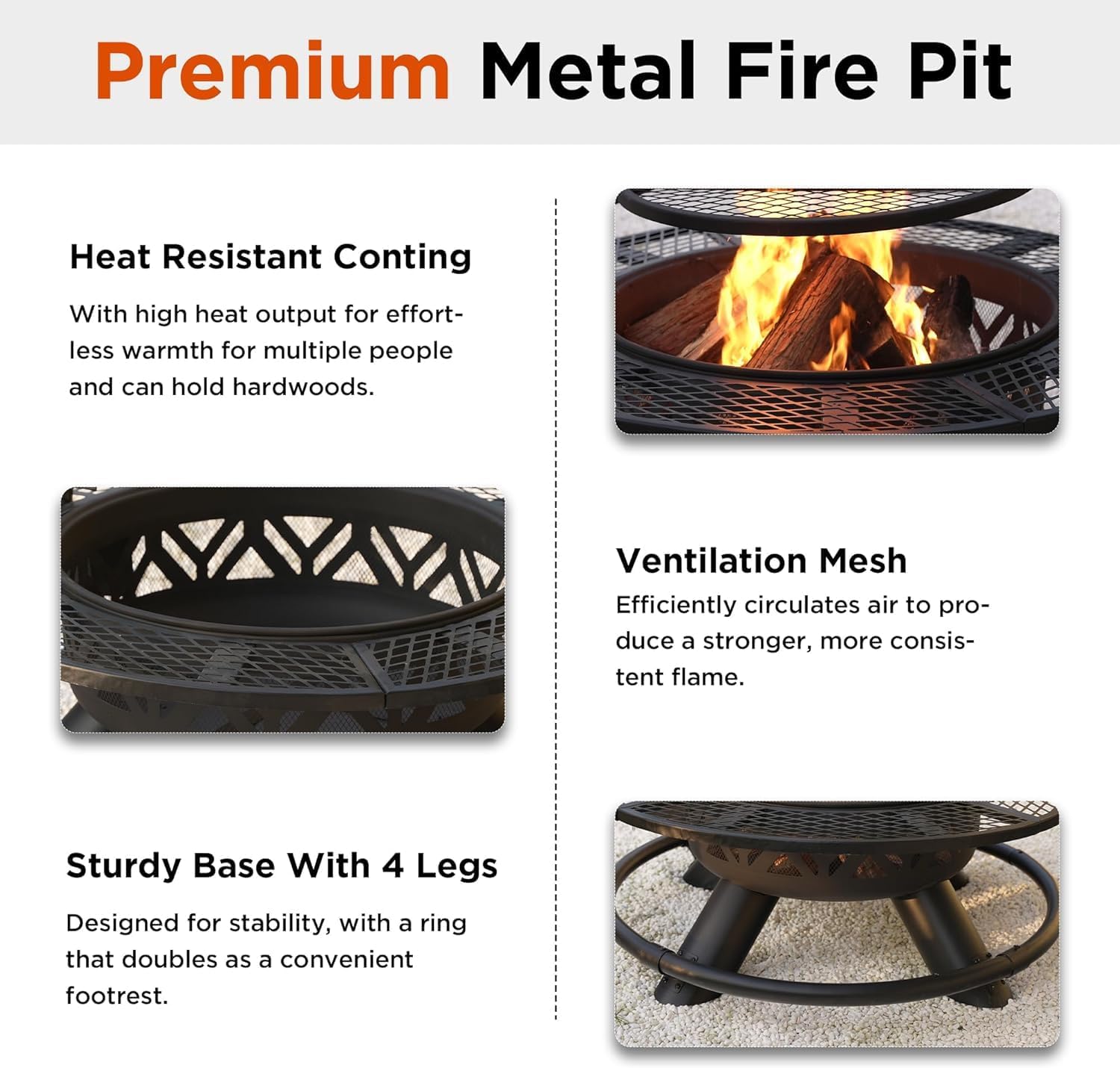 47 Inch Fire Pit for Outside, Wood Burning Firepit with BBQ Grill, Outdoor Metal Fire Pits, Heavy Duty Large Firepits for Backyard, Bonfire, Patio, Party, Picnic, Family Gathering