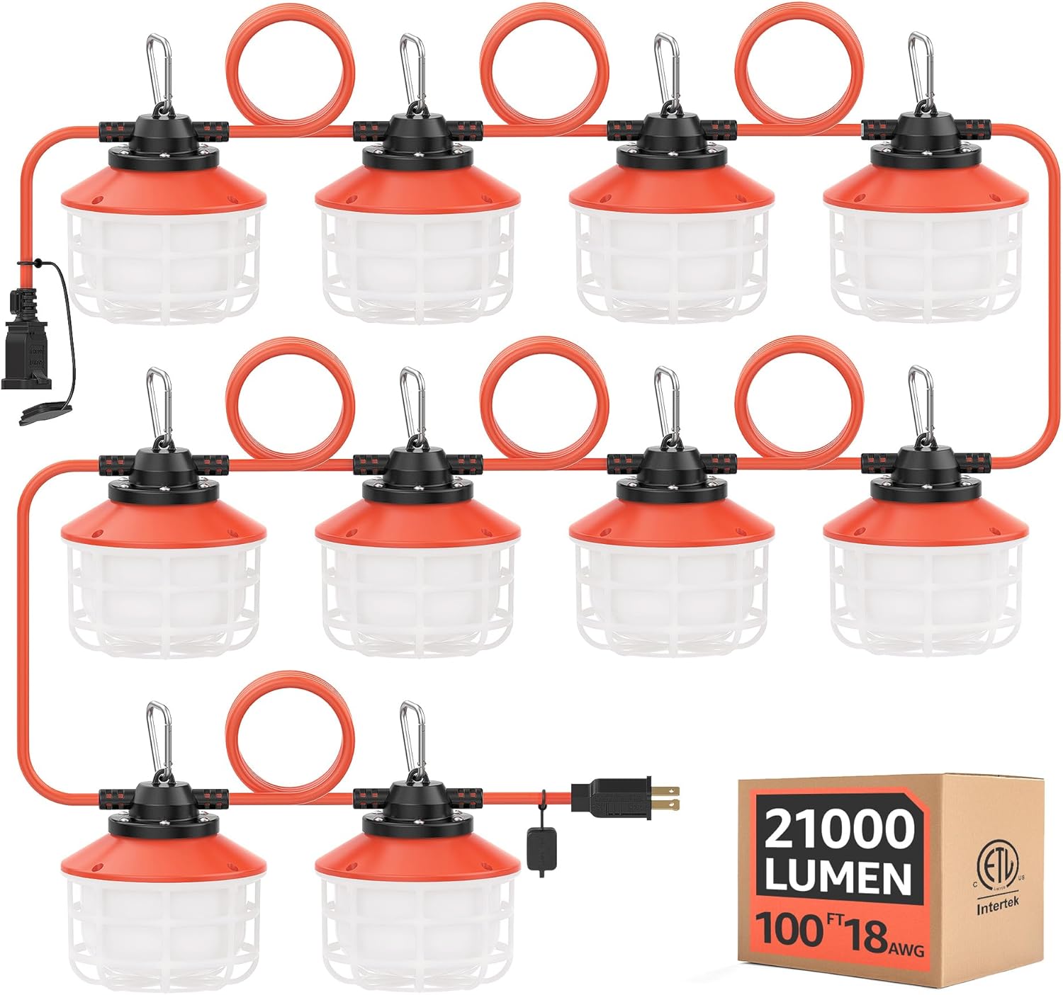 100FT Construction String Lights:150W 21000LM Linkable Super Bright LED String Work Lights for Construction Sites Temporary Work Jobsite IP65 Waterproof 18AWG Wire Work Light with Cage