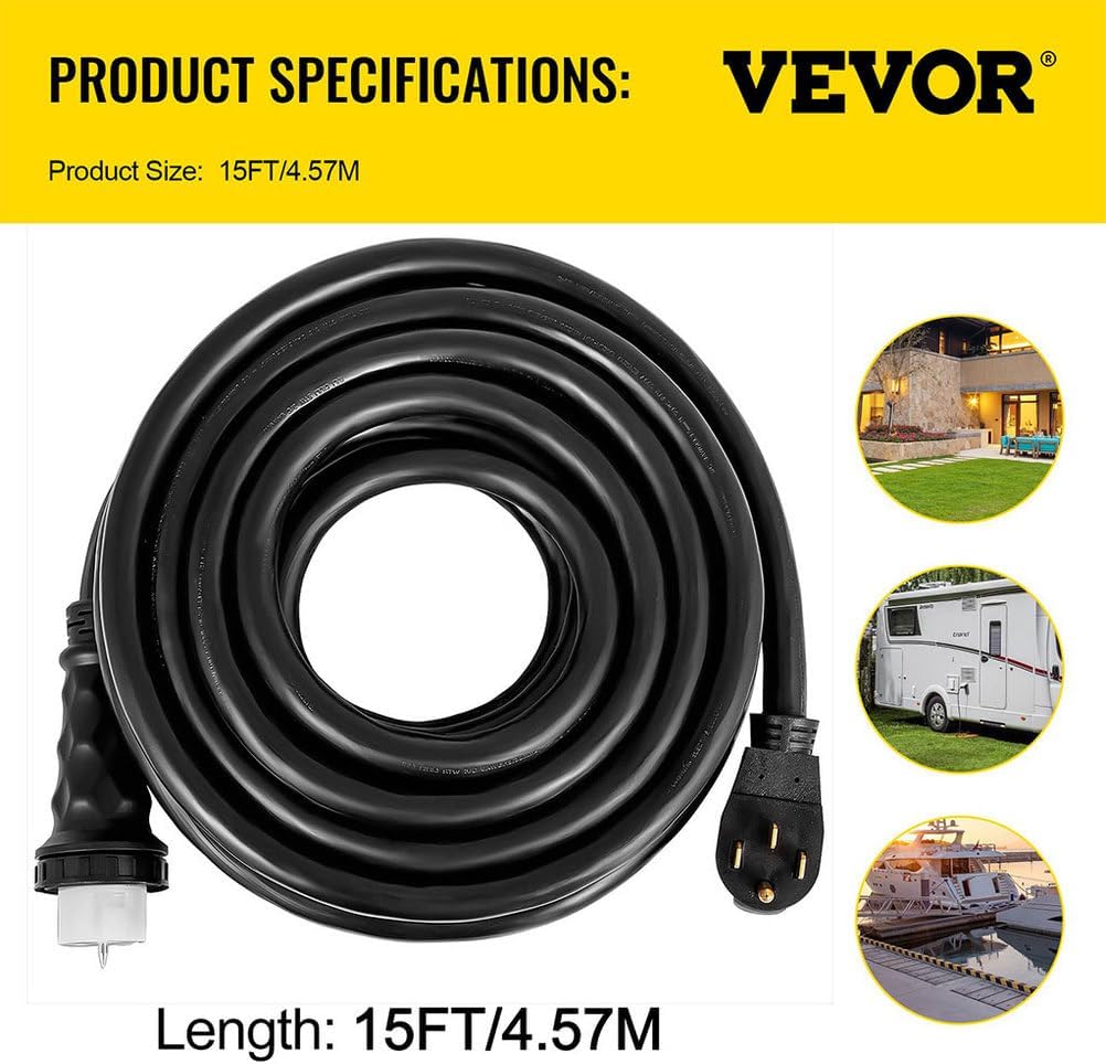 15 FT 50 Amp Generator Extension Cord, 4 Wire 6 Gauge STW 6/3+8/1 125V 250V Heavy Duty Generator Locking Power Cord N14-50P & SS2-50R & CS6364 Twist Lock Connectors