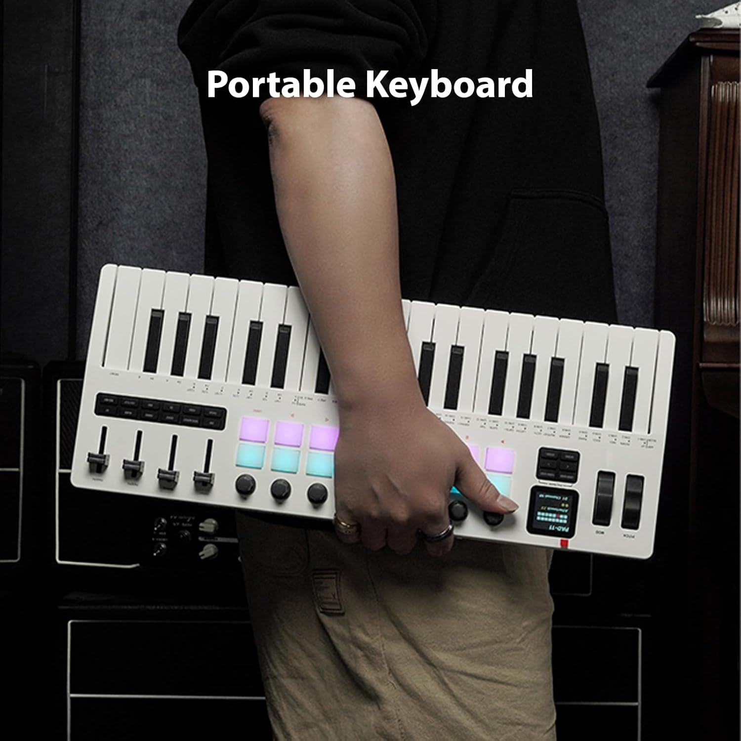 37-Key MIDI Keyboard Controller Music Production Controller MIDI Piano Keyboard Drum Pads with 16 RGB Drum Pads 8 Knobs 4 Faders Synthesizer Engine for Music Production