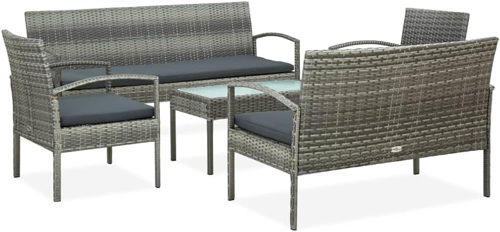5 Piece Patio Lounge Set with Cushions Poly Rattan Gray,Outdoor Rattan Sofa Set with Cushions: 5Piece AllWeather Patio Furniture for Garden and Balcony Patio Furniture Sets, Outdoor Furniture Sets