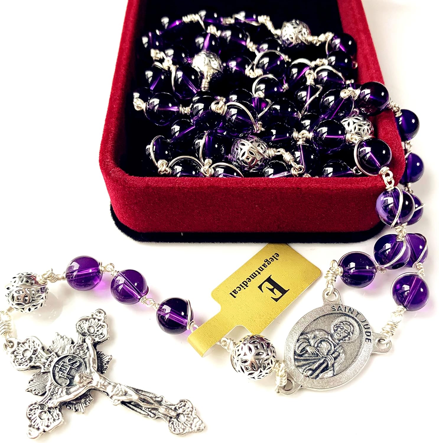 elegantmedical HANDMADE Bali 925 Sterling Silver Beads Purple Amethyst Catholic necklace Wire Wrap Rosary Cross