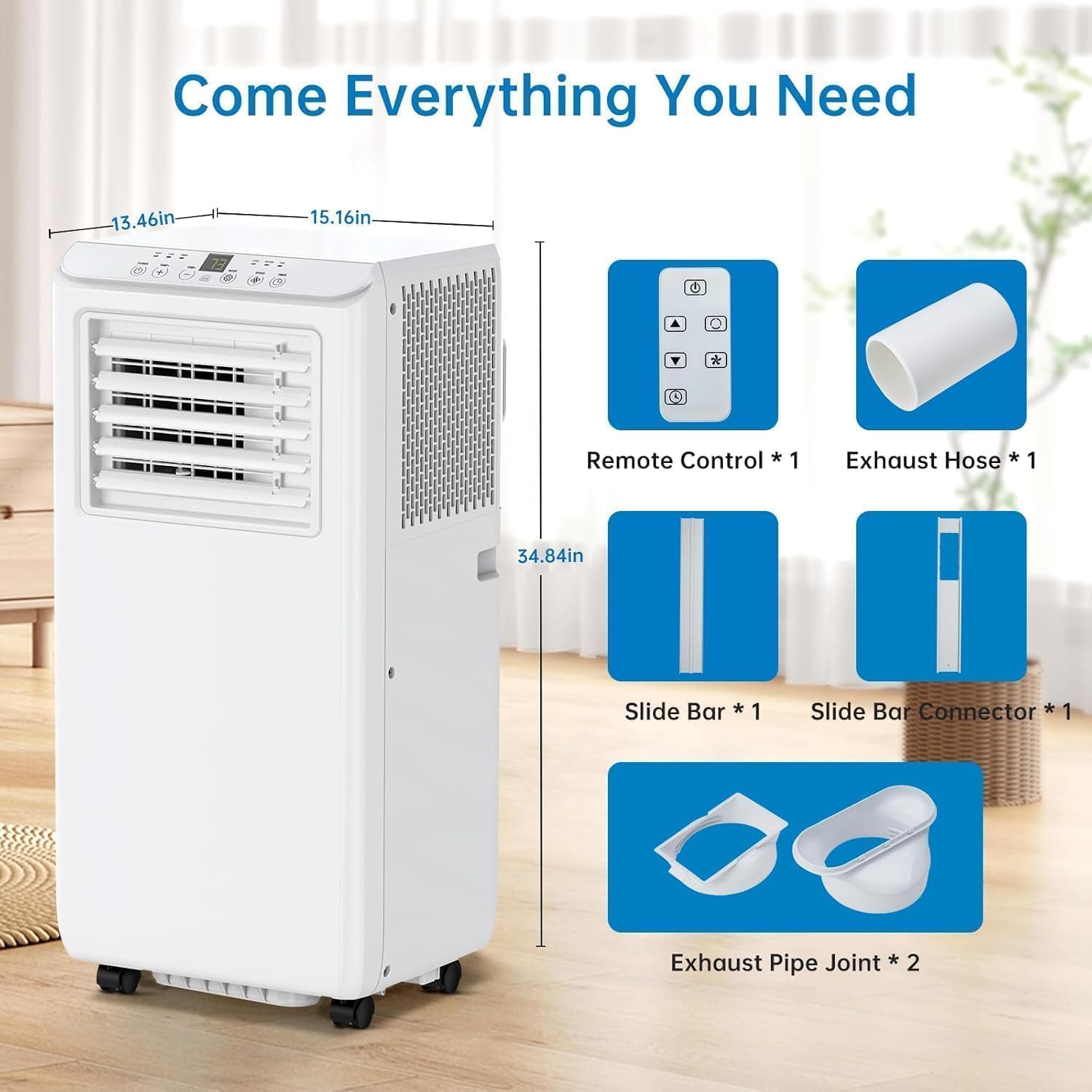 Portable Air Conditioner - 8,000 BTU, Compact Design, 3-in-1 Functionality (Cooling, Dehumidifier, Fan), Remote Control, Includes Window Kit for Easy Setup, Cools Rooms Up to 350 Sq.Ft, White