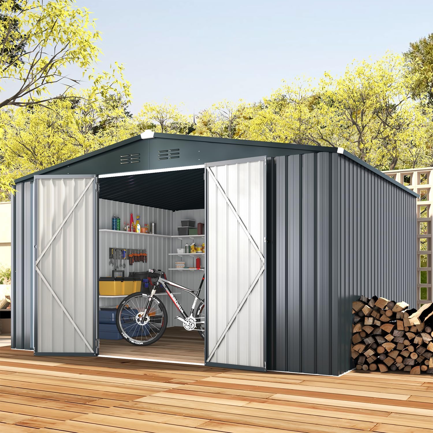 U-MAX 12x10 Storage Shed, Large Metal Outdoor Garden Sheds & Outdoor Storage Clearance, 10x12 Tool Shed Outdoor Storage Lockable for Backyard Outside Use in Dark Grey