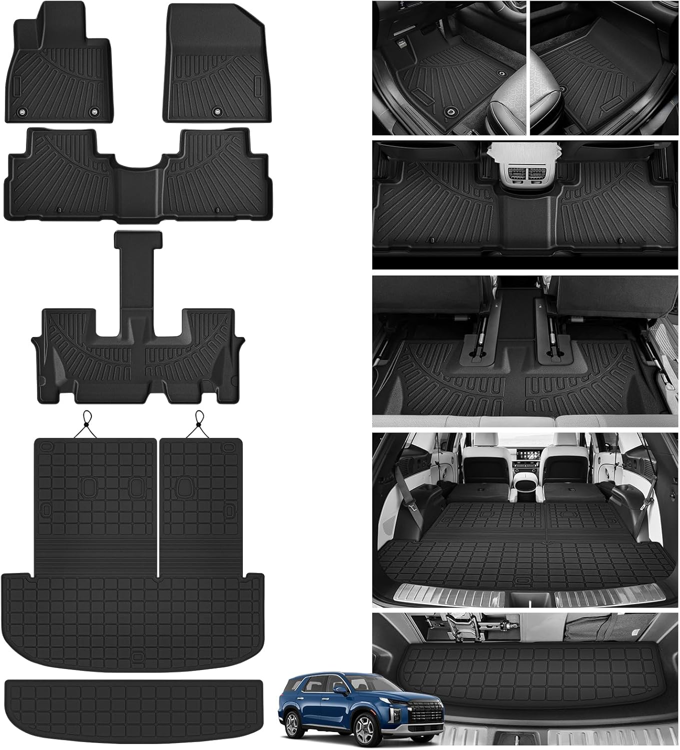 Powerty Floor Mats for 2020-2024 2025 Hyundai Palisade 7/8 Seat Car Mats, All Weather TPE Cargo Liner Backrest Mats Trunk Lower Car Mat Interior Protector Full Set for Palisade Accessories