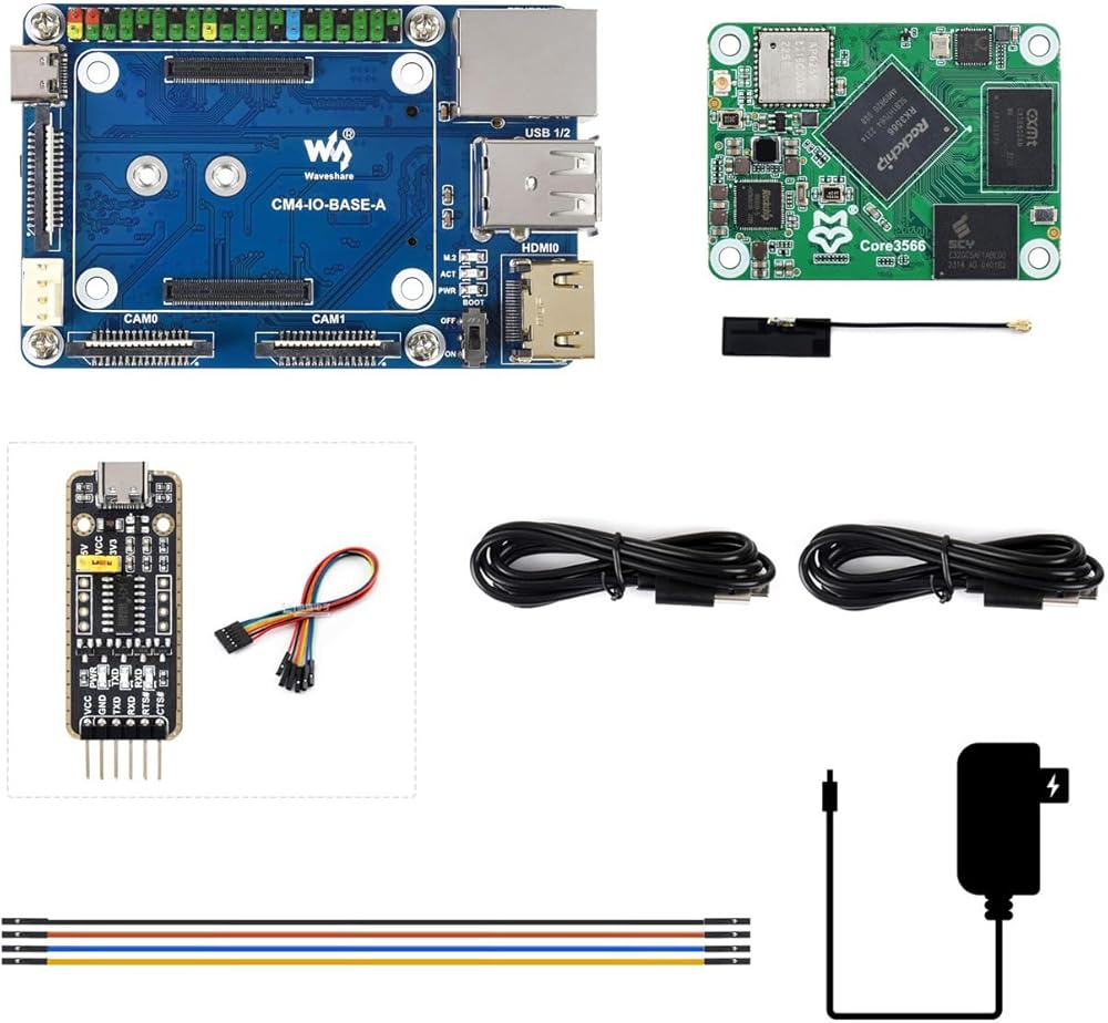 Waveshare Core3566 Module Kit, Rockchip RK3566 Quad-Core Processor, Compatible with Raspberry Pi CM4, Include Core3566102032, CM4-IO-BASE-A and Other Accessories