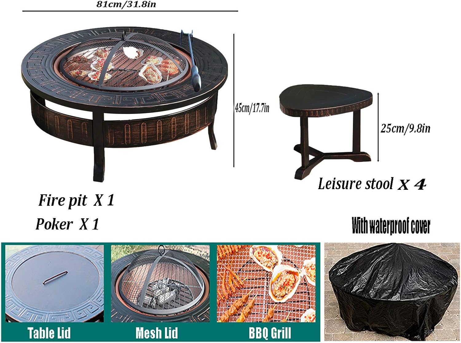 Outdoor Fire Pit Portable Garden Bonfire Pit and 4 Leisure Stools, Outdoor Heater with Cooking Grill, Wood Burning Fire Pit, 81cm/31.8