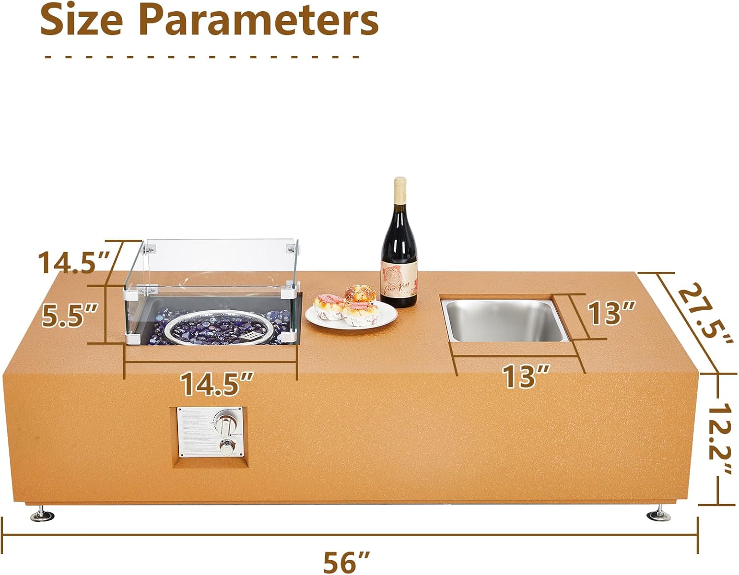 Outdoor Fire Table - 56 inch 50,000 BTU Glass Wind Guard, Lava Rocks, 13