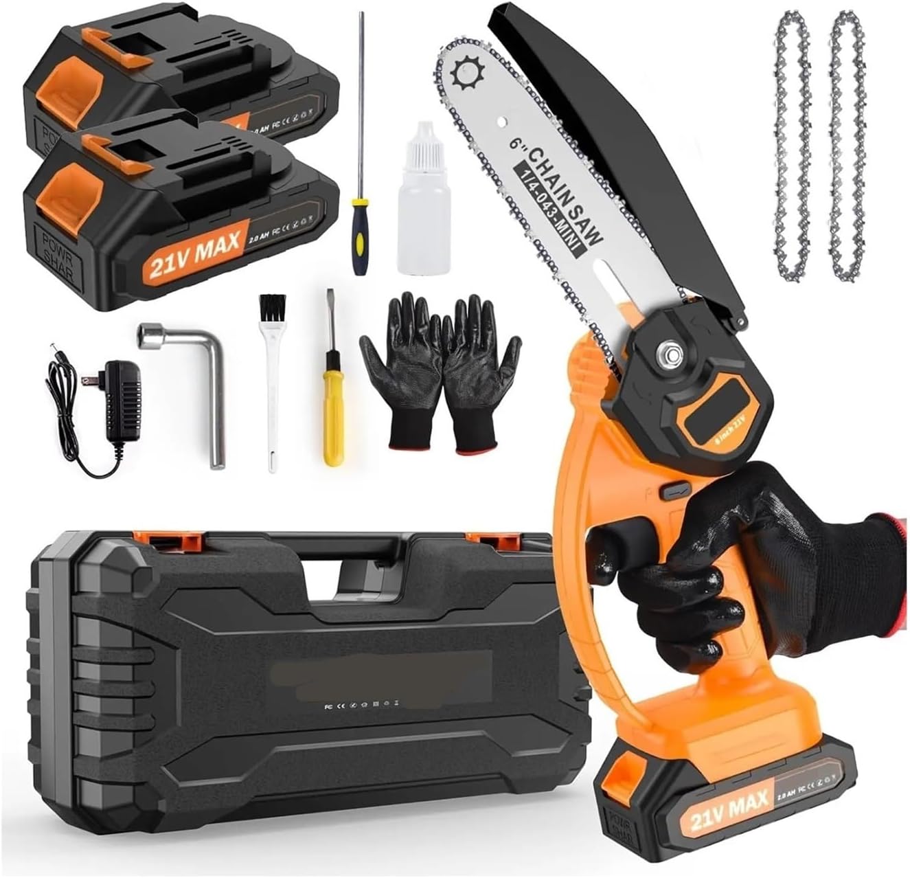 6 inch Cordless, 21V/2Ah Battery Powered Chain Saw for Branch Pruning with 2 Chains 2 Battery Portable Electric