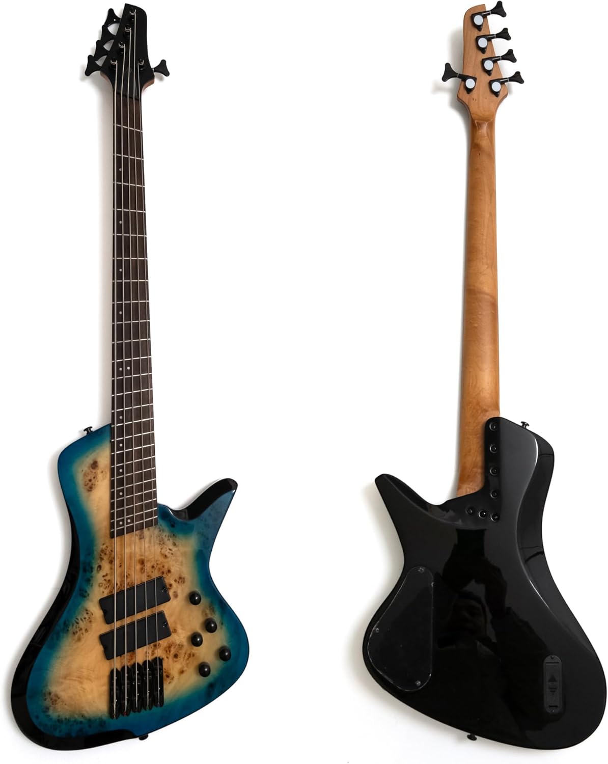 Upgrade Fanned Fret 5-String Bass Guitar, Multi-Scale 34.5–36.25″, Blue Burl Burst, Roasted Maple Neck, Rosewood Fingerboard, Active/Passive Humbuckers, 3-Band EQ, Jumbo Frets, Black Hardware