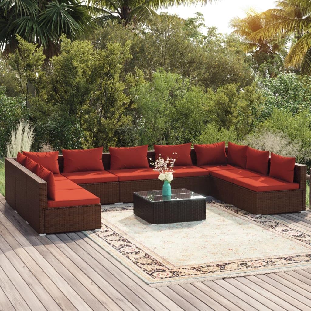 10 Piece Patio Lounge Set with Cushions Poly Rattan Brown,AllWeather Outdoor Lounge Set with Modular Rattan Sofa and Comfortable Cushions Patio Furniture Sets, Outdoor Furniture Sets