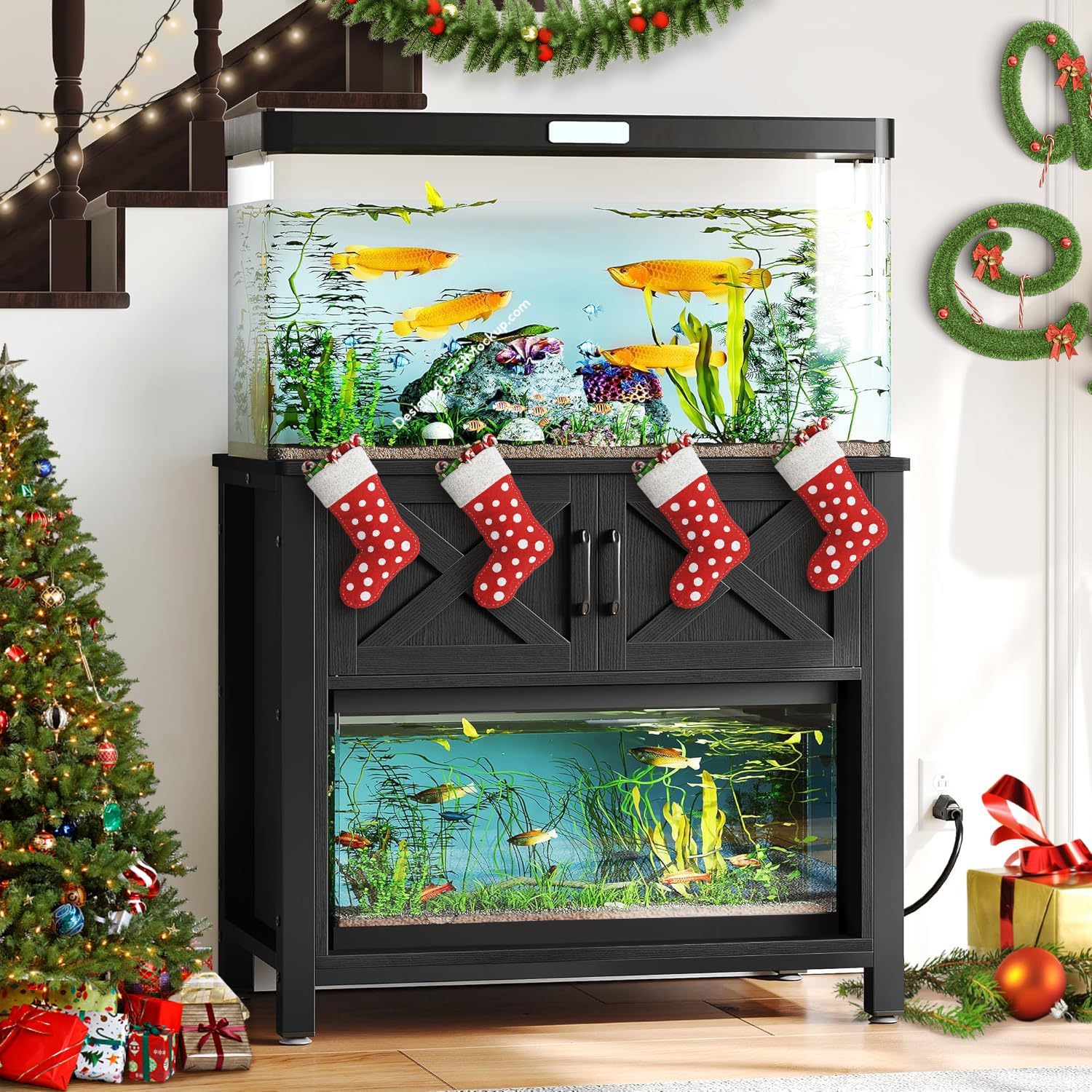 DWVO 40-50 Gallon Aquarium Stand with Power Outlets, Cabinet for Fish Tank Accessories Storage - Metal Frame Fish Tank Stand Suitable for Turtle Tank, Reptile Terrarium, 660LBS Capacity, Black