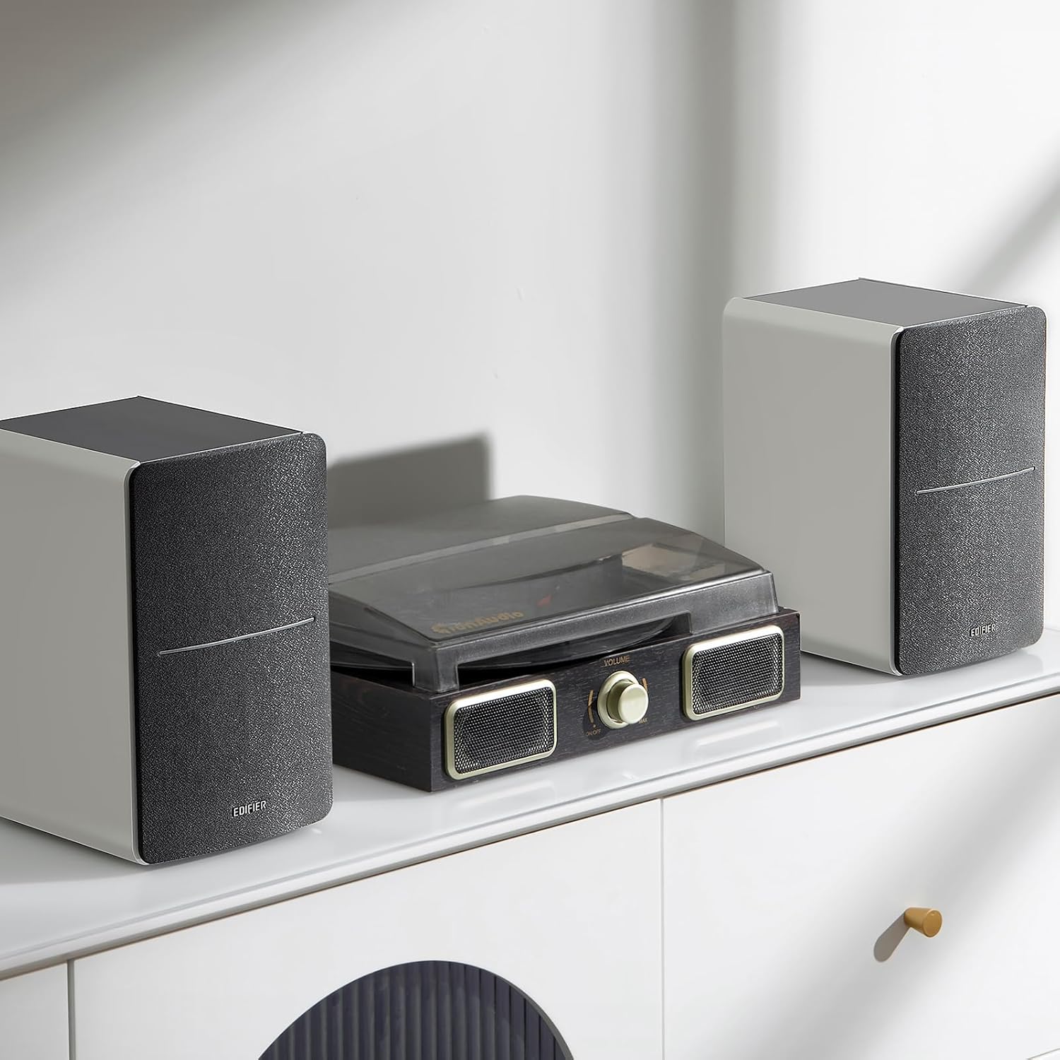 Edifier R1280DB Powered Bluetooth Bookshelf Speakers - Optical Input - Wireless Studio Monitors - 4 Inch Near Field Speaker - 42w RMS - Wood Grain (White)