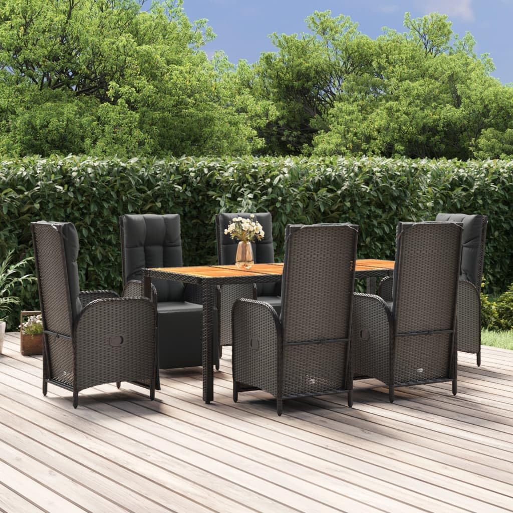 7 Piece Patio Dining Set with Cushions Black Poly Rattan,Elegant Patio Dining Set with Reclining Chairs and Acacia Wood Tabletop Furniture Sets for Patio, Lawn & Garden