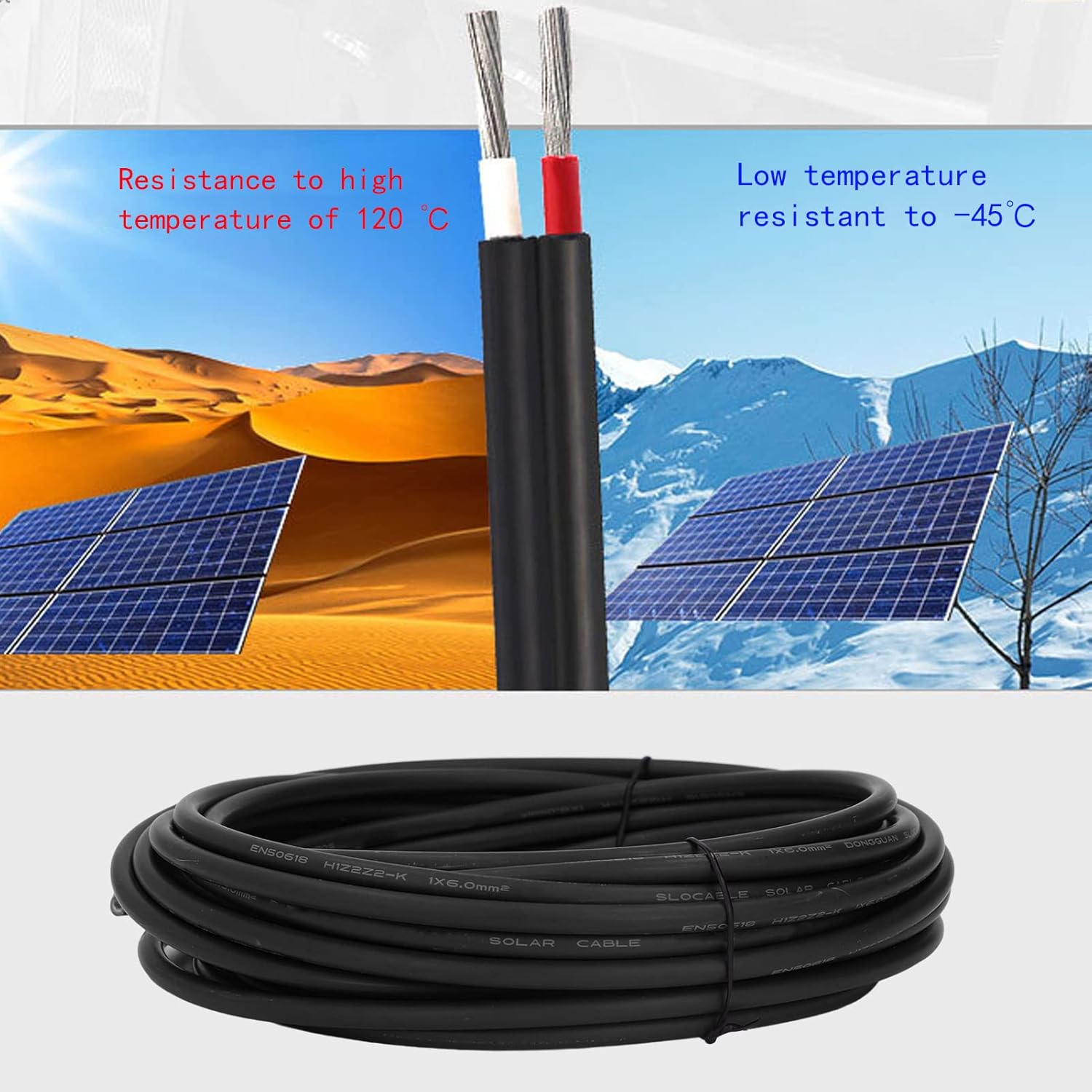 Solar Panel Wire, 6 Photovoltaic Cable Solar Photovoltaic Cable Double Layer Insulation Tinned Copper, & Wind Power Parts & Accessories (Black 50m/164ft)