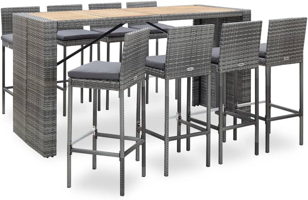 9 Piece Patio Bar Set Poly Rattan and Acacia Wood Gray,Headline:Unveil The Unparalleled Elegance of Our Outdoor Poly Rattan Bar Set Furniture Sets for Patio, Lawn & Garden