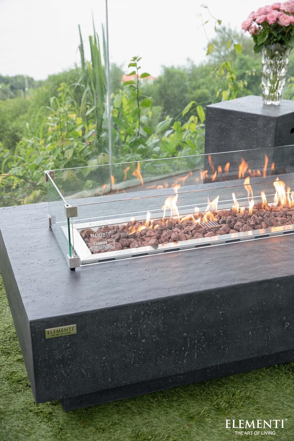 Elementi Hampton Gas Fire Pit Bundle Concrete Fire Table, Outdoor Fire Pit Electronic Ignition | Canvas Cover, Lava Rock Included | Free AMS Wind Guardt | Dark Gray (Propane Gas)
