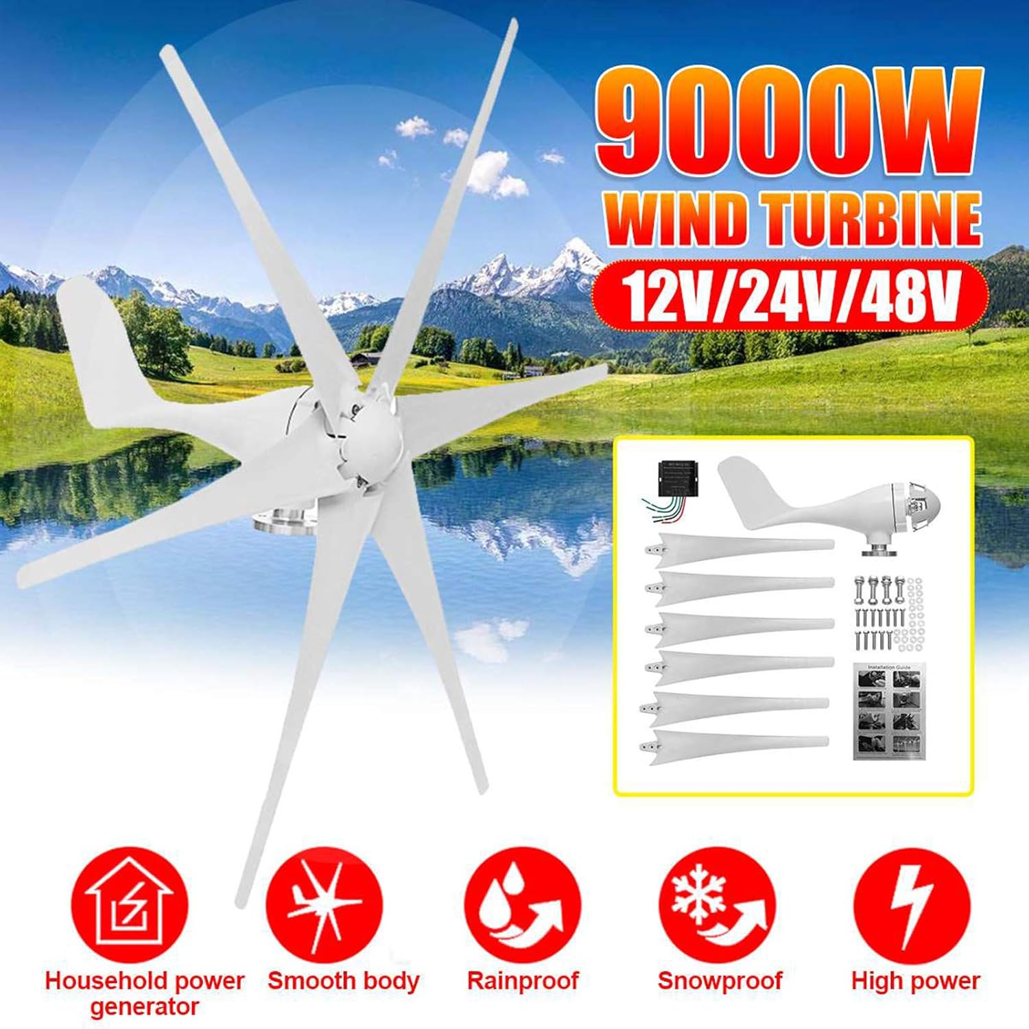 9000W 12V 6 Blades Assembled Wind Turbine,Household Vertical Wind Turbines are Used for Courtyard Roof Road,12V