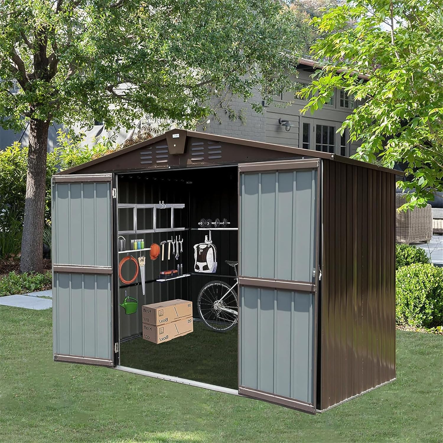 Outdoor Storage Shed Metal Garden Shed with Lockable Doors Sloping Roof Shutter Vents Support Rods No Floor Galvanized Steel All-Weather Backyard Tools Shed Outside Storage House (Brown 10x8 FT)