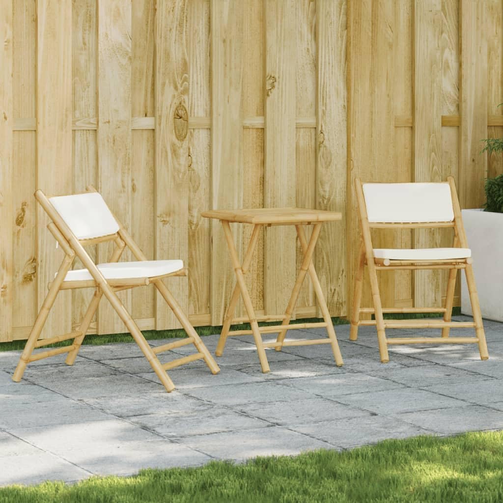 3 Piece Folding Bistro Set with Cream White Cushions Bamboo,Sturdy Bamboo Bistro Set for Patio, Balcony, and Backyard Furniture Sets for Patio, Lawn & Garden
