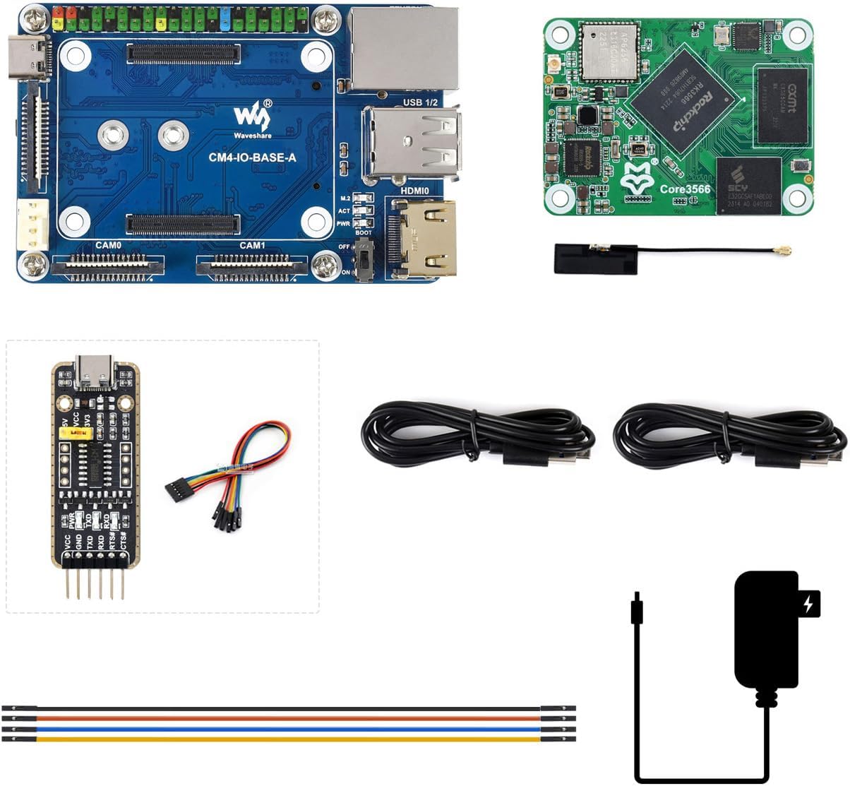 Waveshare Core3566 Module Kit, Rockchip RK3566 Quad-Core Processor, Compatible with Raspberry Pi CM4, Include Core3566102032, CM4-IO-BASE-A and Other Accessories