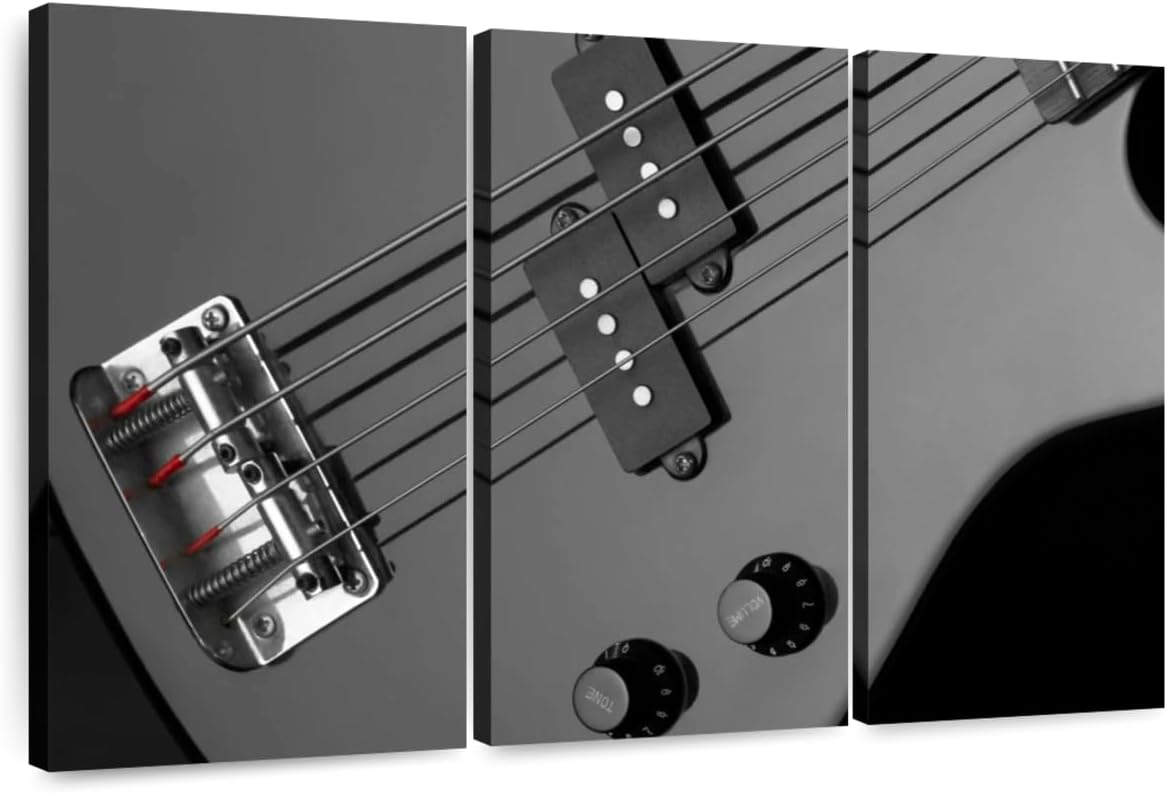 ElephantStock - Bass Guitar Wall Art - Horizontal Multi Panel Canvas - 3 Piece Living Room Wall Decor - Photography Music Multi Piece Wall Art - Gray And Black Decor - 74