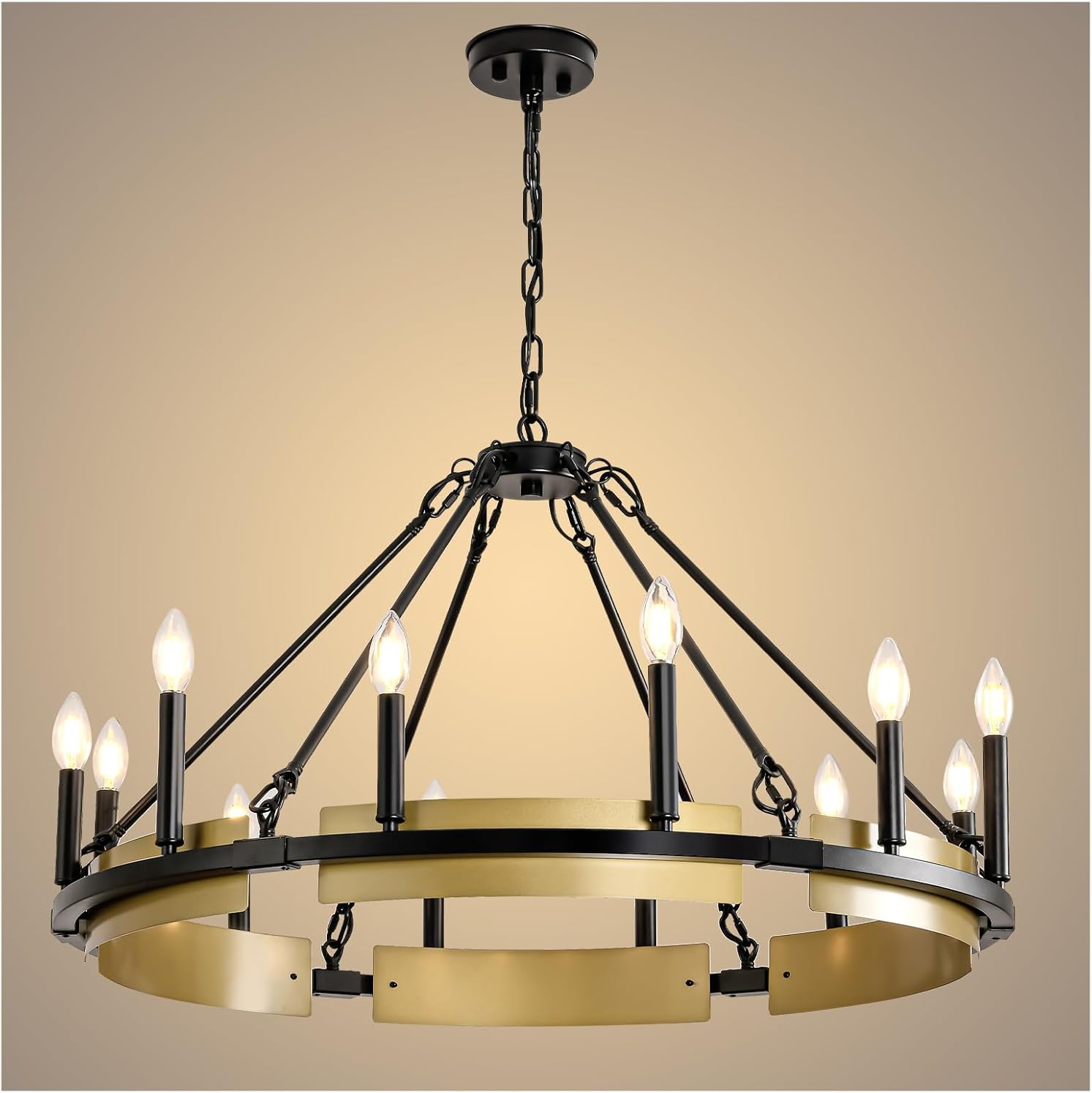 Round Wagon Wheel Chandelier - 34 inch 12 Lights Black and Gold Metal Rustic Chandeliers Farmhouse Large Light Fixture Dining Room Chandelier Over Table Modern High Ceiling Lighting