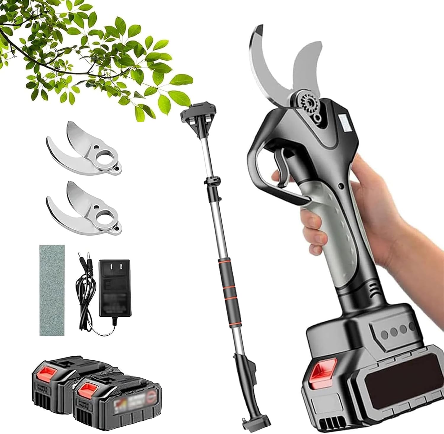 50mm Cordless Pruning Shears: Long-Reach Branch Shears with 2.1m Telescopic Pole - Electric Pruning Shears with LCD Display for Gardening, 2 Batteries