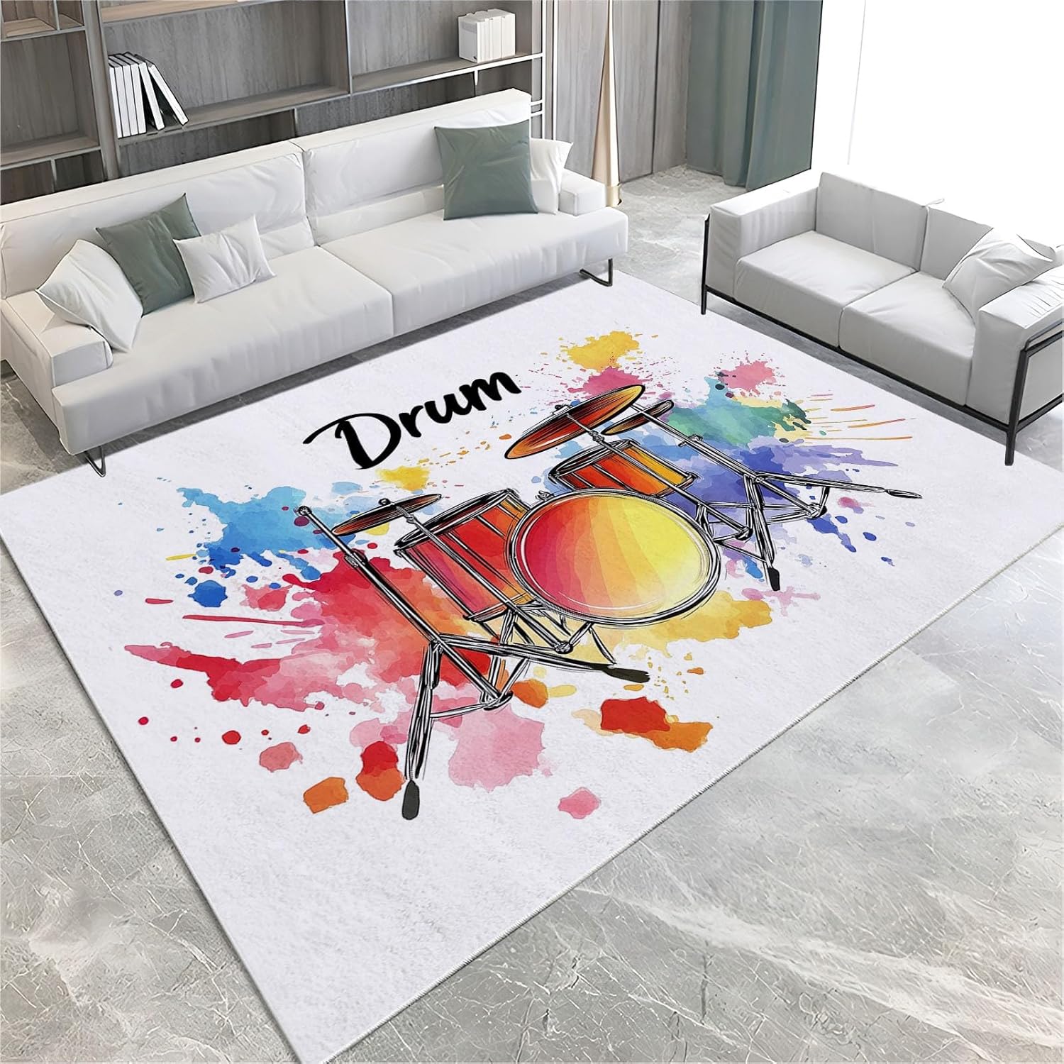 Music Instrument Drum Machine Washable Area Rugs for Living Room, 5 X 8 Ft Large Low Pile Carpet with Non-Slip Backing, for Bedroom Kids Nurser Office Entryway Dining Room, Graffiti