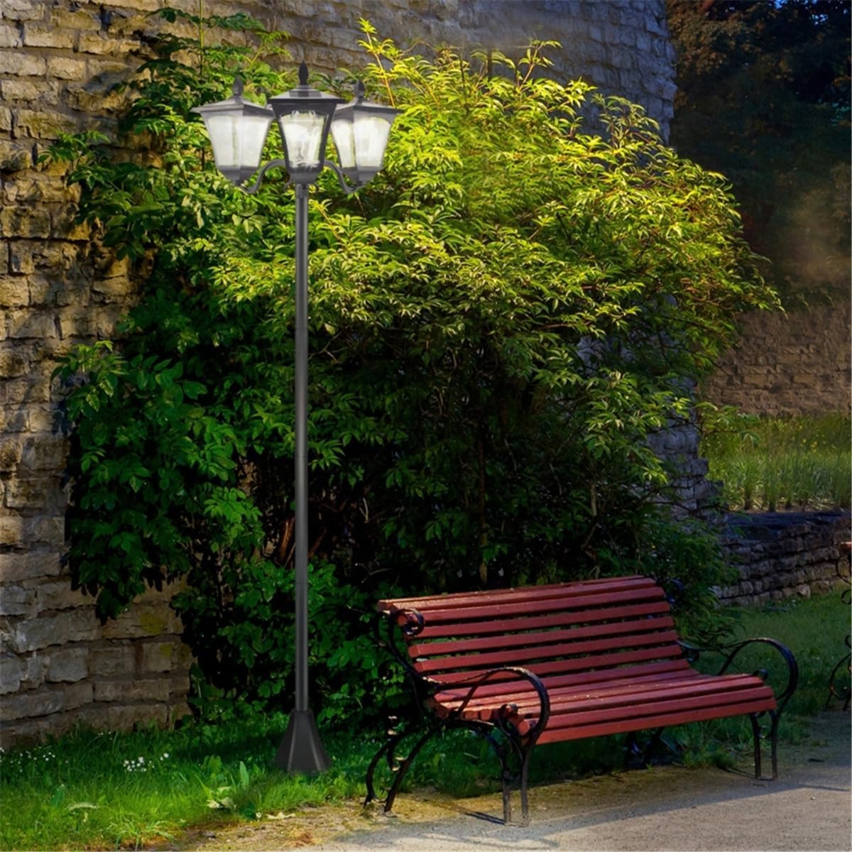 Solar Powered Lamp Post, Black Weather Resistant Outdoor Light with 3 Lanterns, 71.75