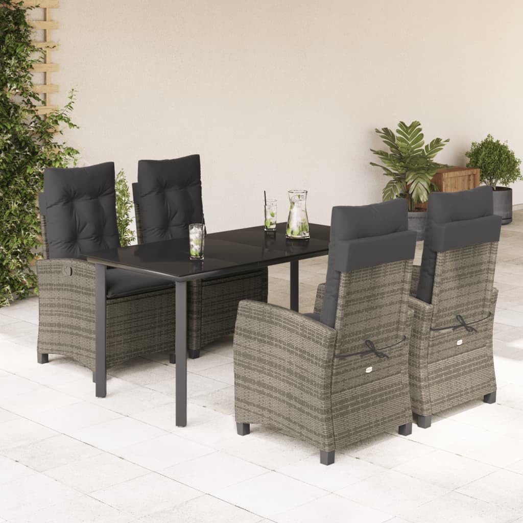 5-Piece Garden Dining Set, Grey Poly Rattan Outdoor Table and Chairs, Reclining Patio Furniture Set with Cushions, Rectangular