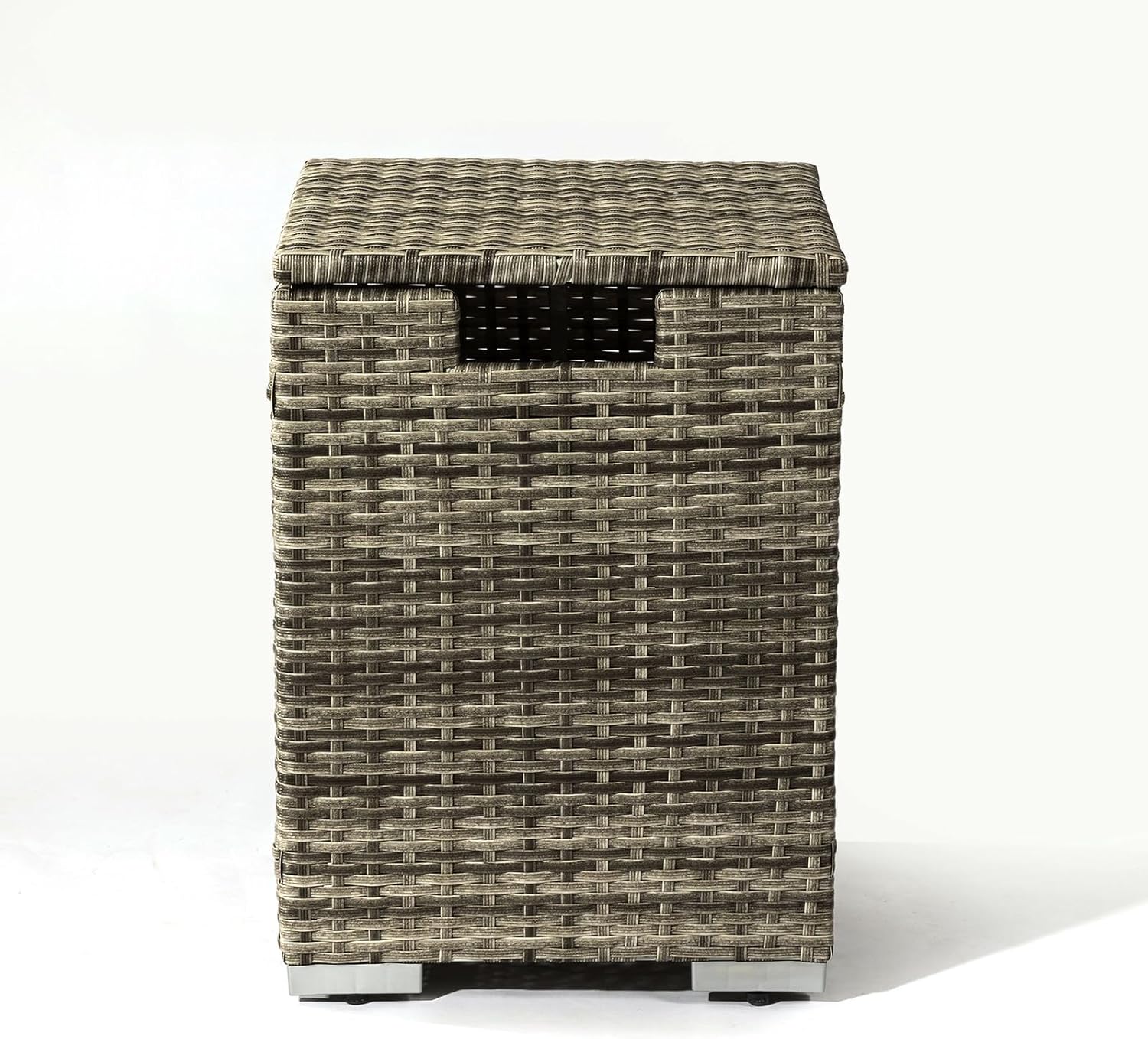 Penau Beige Rattan Fire Pit Table with Ceramic Tile Top and Tank Holder for Outdoor Use