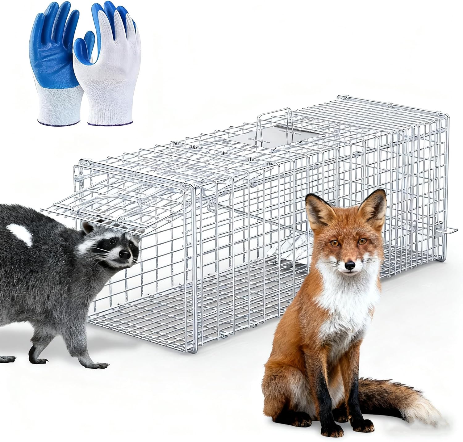 Large Live Animal Trap Cage Humane Collapsible Trap Galvanized Iron Outdoor Foldable Animal Cage for Raccoons Foxes Coyotes Stray Dogs Armadillos